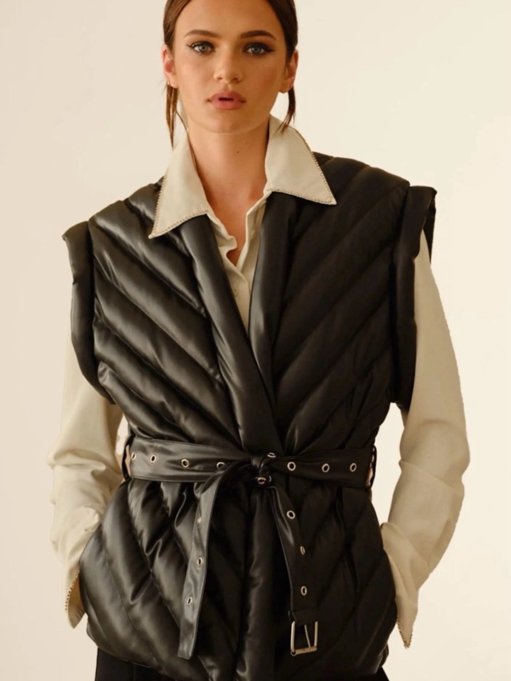 Blank NYC Black Quilted Belted leather like Puffer Vest